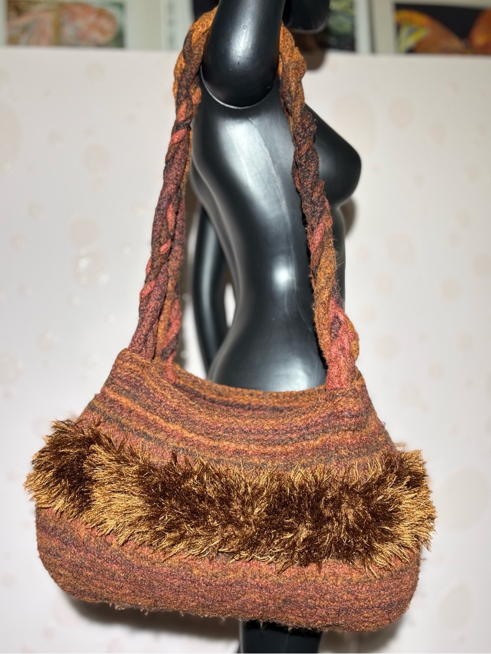 Artisan Handmade Earthy Striped Shoulder Bag with Shaggy Eyelash Fringe